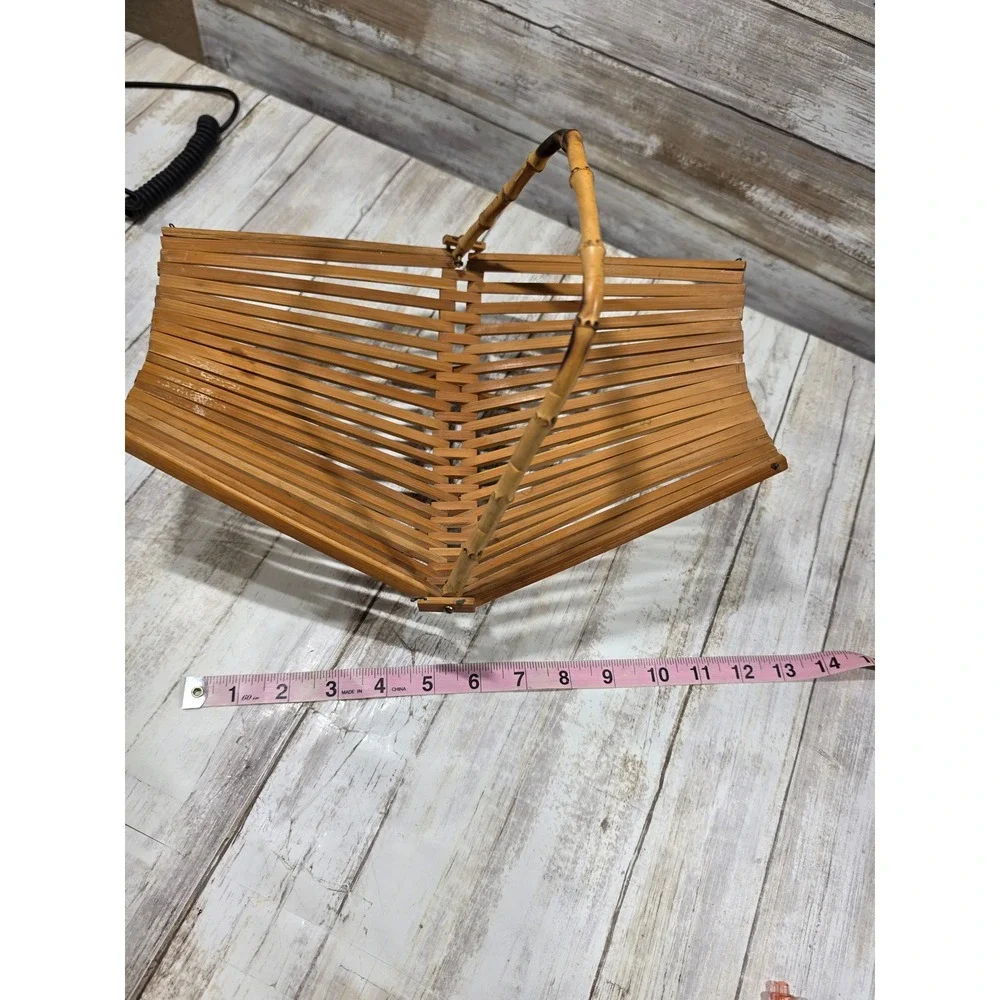 Vintage Bamboo Slat Collapsible Fruit Basket Wood Handle Accordion Bowl Brown